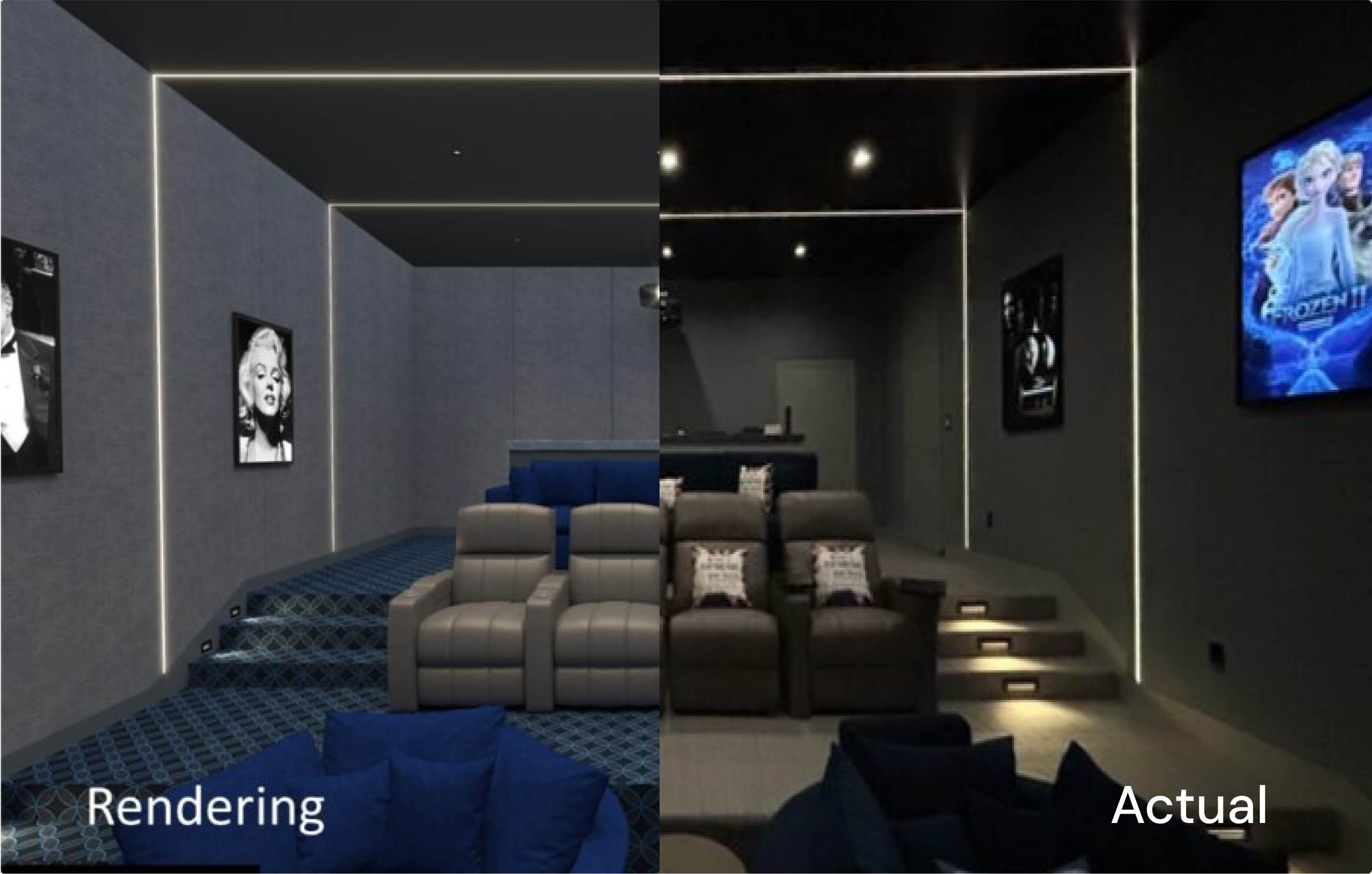 Rendering and completed Valley Home Theater project