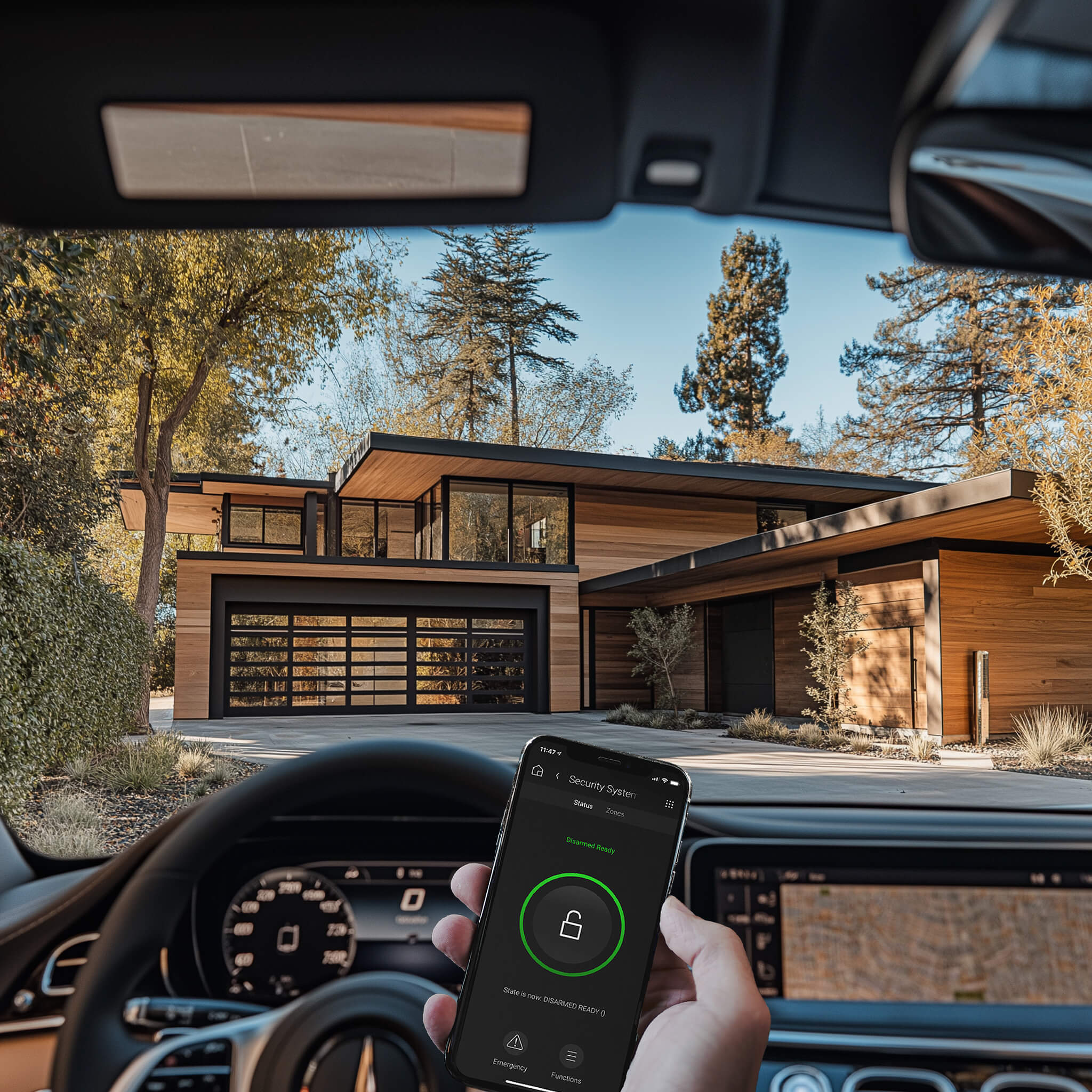 Smart home security controls viewed from a vehicle