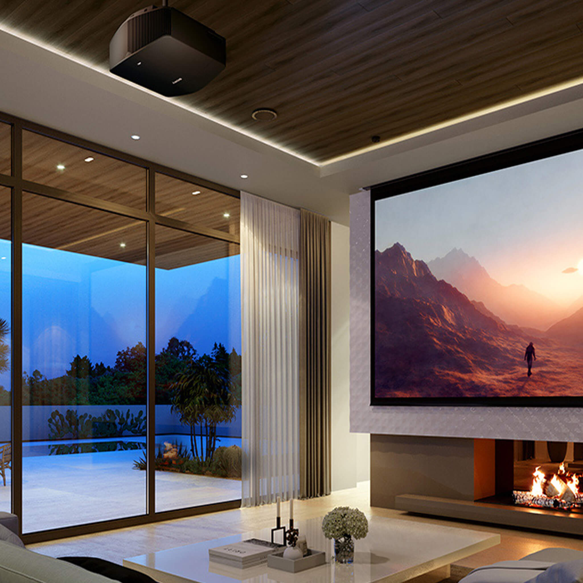 Modern living room with automated lighting and entertainment