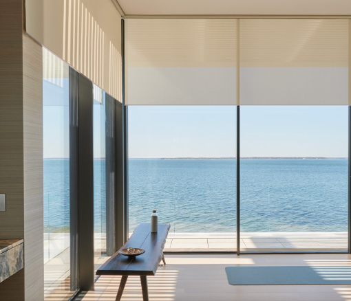 Automated shades overlooking the water