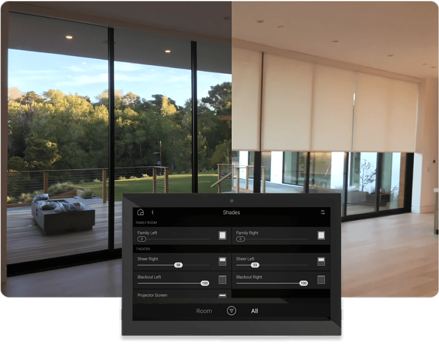 Modern home with floor to ceiling windows, shades shown up and down