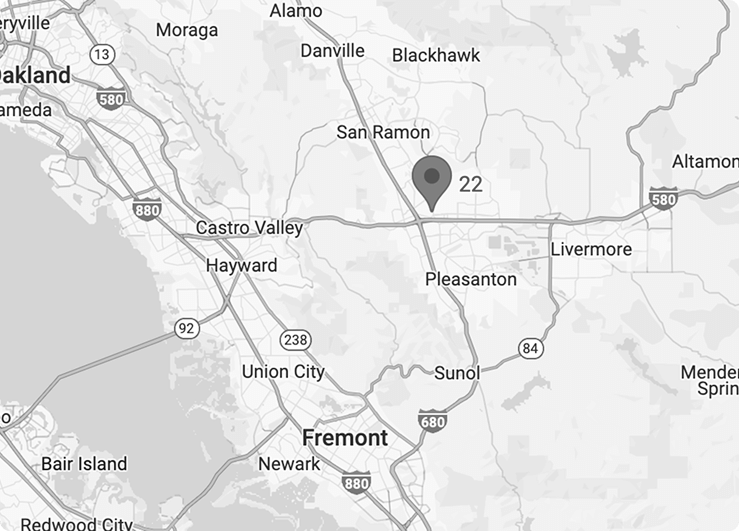 Black and white map of the East bay in San Francisco. Link opens in new window for Google map location of VHT office.